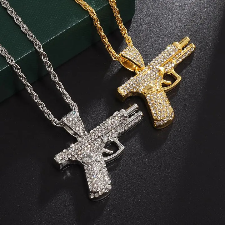 Bling Iced Out Pistol Pendant Submachine Gun Necklace Men Personality Hip Hop Rock Punk Cool Street Party Jewelry Gift