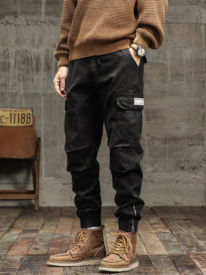 Men's Cargo Pants 2023 Autumn New Multi-Pockets Banded Waist Heavy Cotton Work Wear Slim Fit Joggers Military Casual Trousers