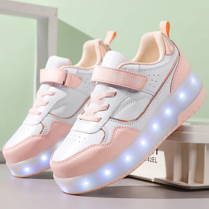 Pink Fashion Girls Boys LED Light Roller Skate Shoes for Children Kids Sneakers with Wheels Two Wheels Sneakers for Boys Kids