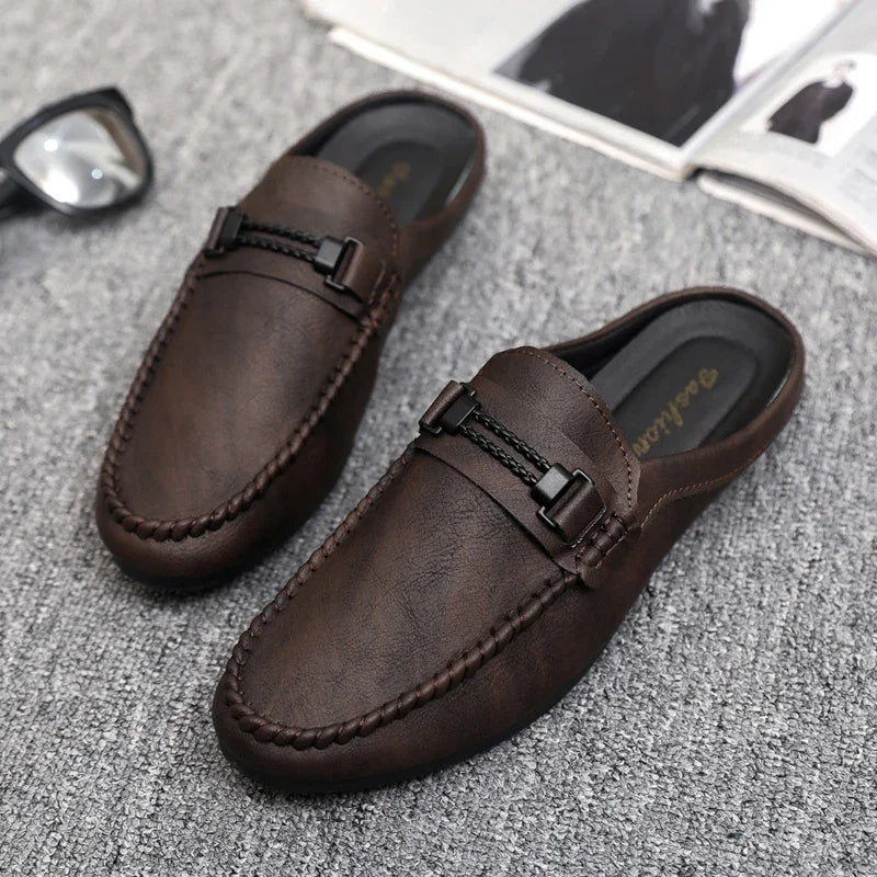 Summer Leather Men Half Slippers Breathable Mens Casual Shoes Slip-on Lazy Driving Shoes Comfortable Walking Loafers Moccasins