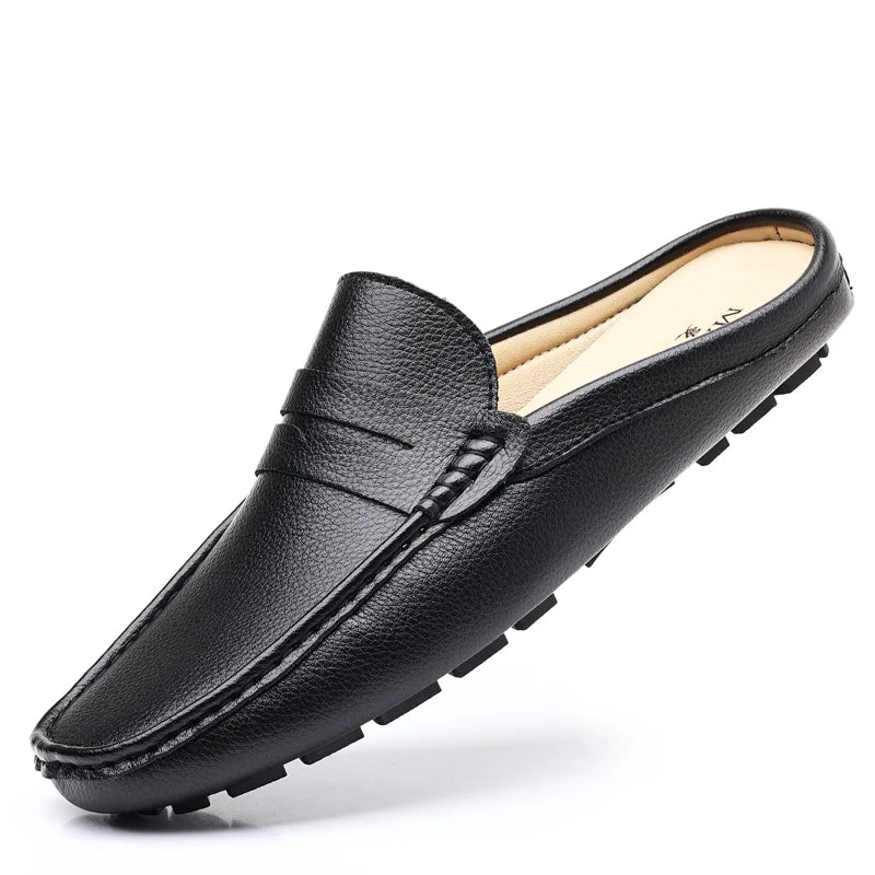 YRZL Loafers Summer Slip on Half Shoes for Men Leather Slippers Casual Breathable Comfy Loafers Moccasins Brown Black Beige