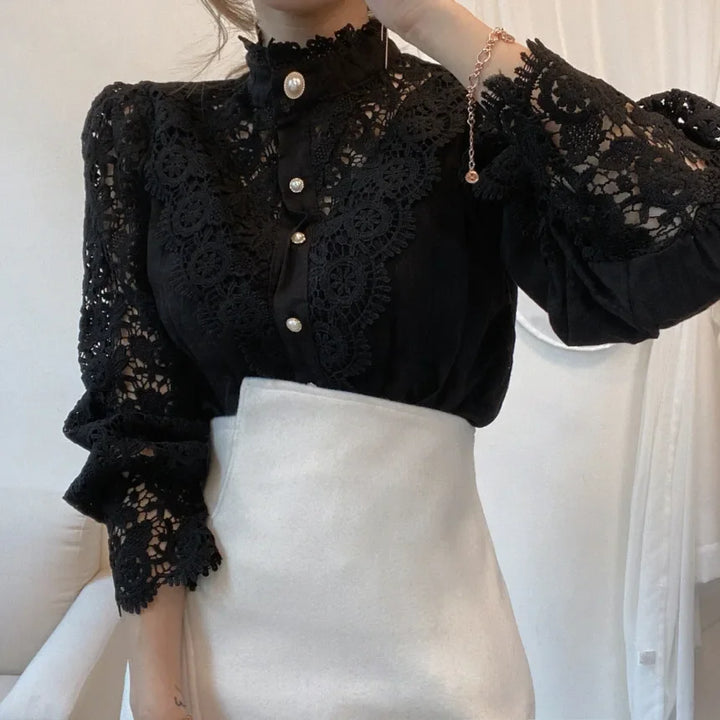 Hollow Out Lace Long Sleeve Blouse