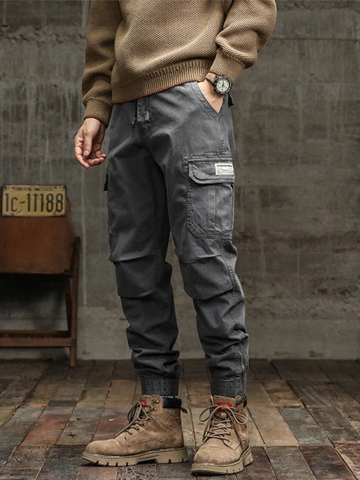 Men's Cargo Pants 2023 Autumn New Multi-Pockets Banded Waist Heavy Cotton Work Wear Slim Fit Joggers Military Casual Trousers