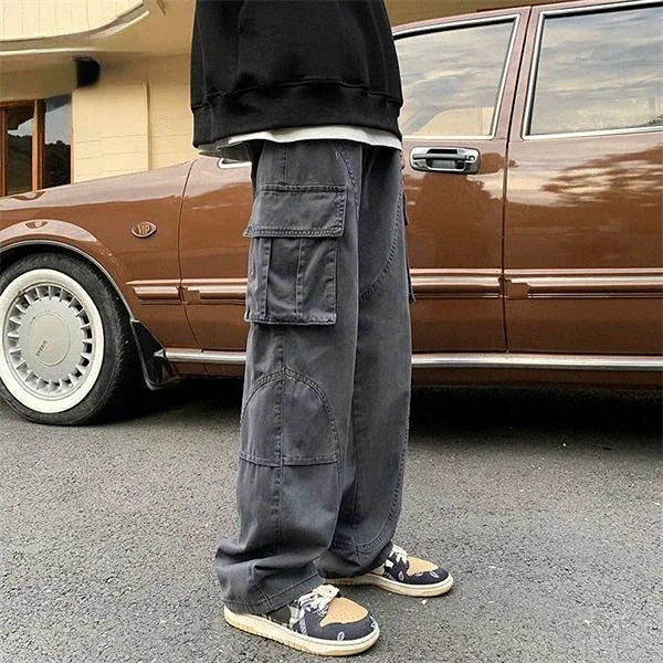 Cargo Pants for Men Grey Straight Trousers Man Wide Designer Street Long Slacks Large Size Korean Style Techwear Cotton Cheap