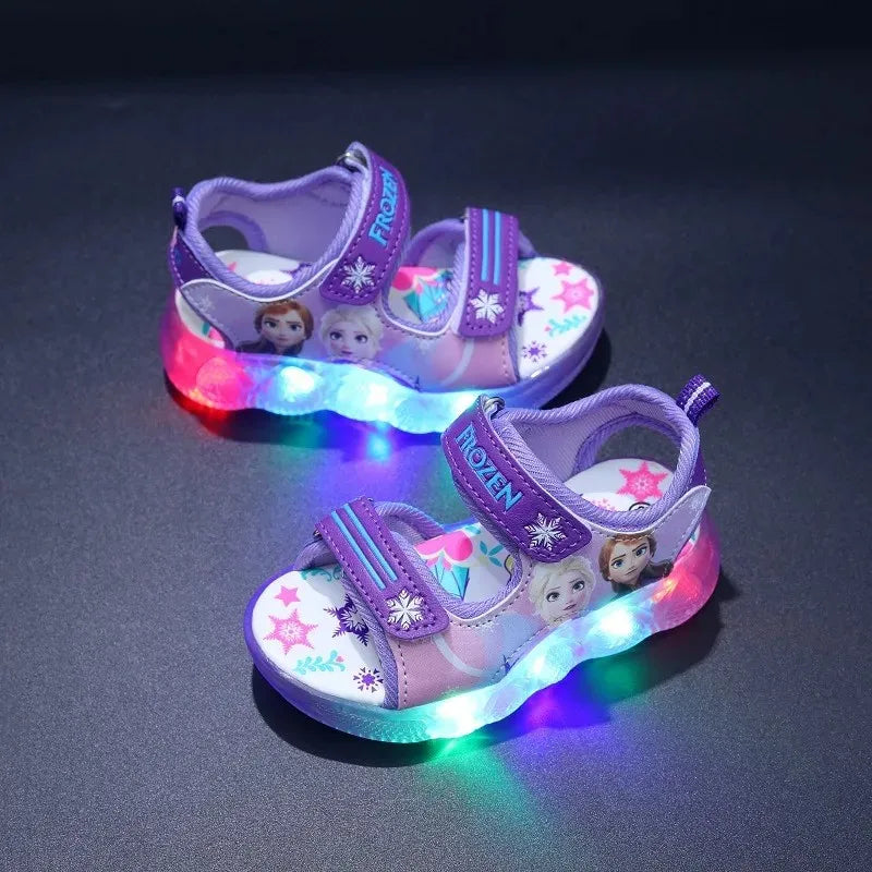 Disney Boys Girls Frozen Elsa Princess Led Light Up Luminous Sports Sandals Summer Kids Sandals Non-slip Toddler Shoes