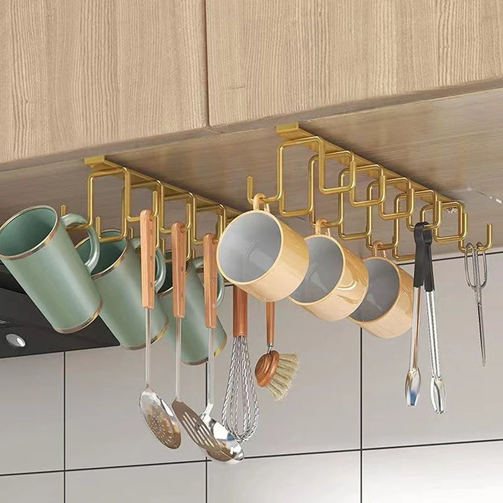 Punch-free Double-row Hooks Kitchen Under Cupboard Shelf Mug Cup Hanger Hook Iron Hanging Rack Holder Kitchen Cabinet Organizer