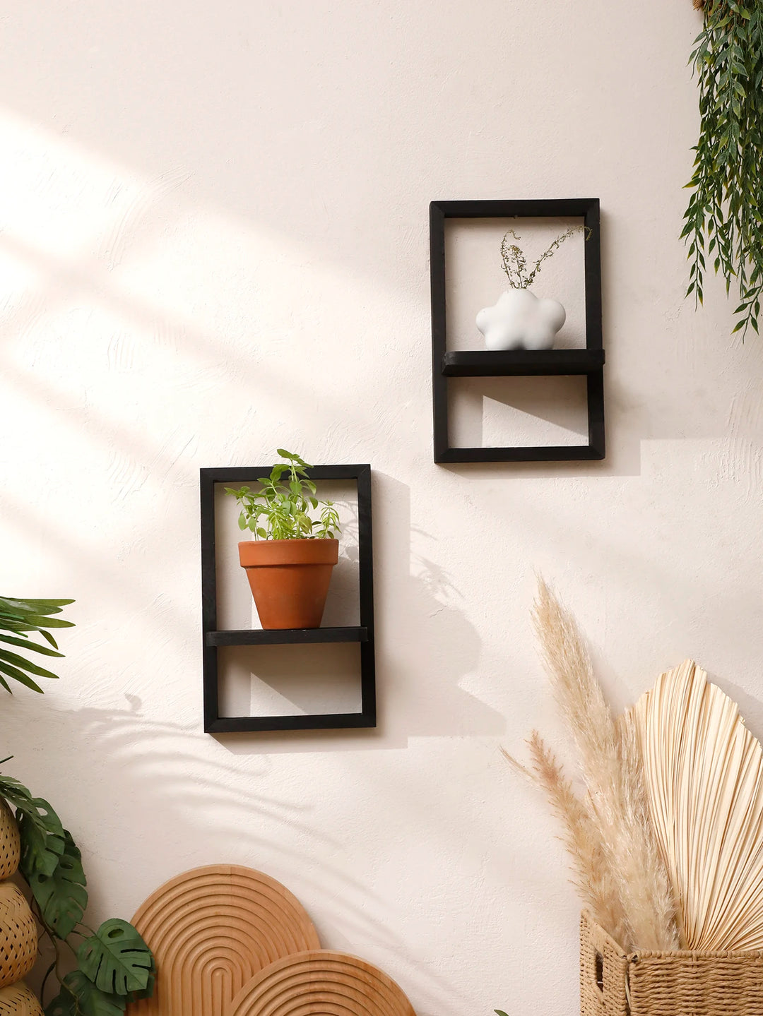 Black Wooden Floating Wall Shelf – Boho Decor Display Stand