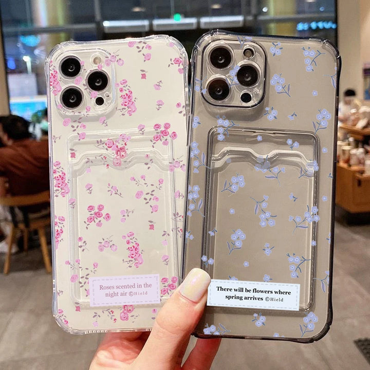 Korean Cute Flower Clear Phone Case For iPhone 16 15 14 13 12 11 Pro Max XS X 7 8 Plus SE2 Wallet Card Bag Lens Protection Cover