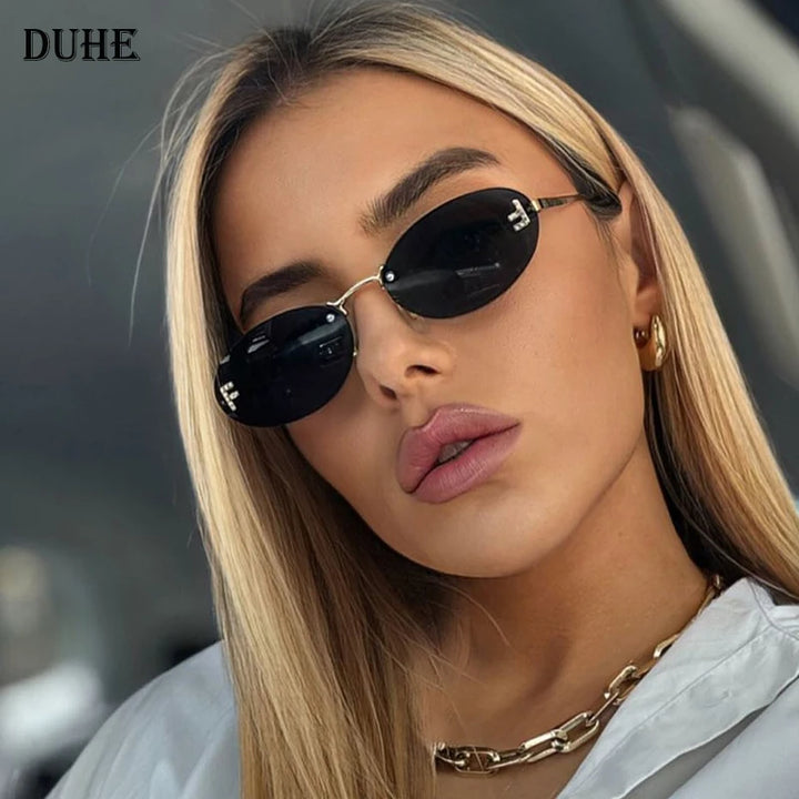 New Luxury F Letter Frameless Sunglasses Oval Retro Small Frame Sunglasses UV400 Protective women's fashion Metal sunglasses