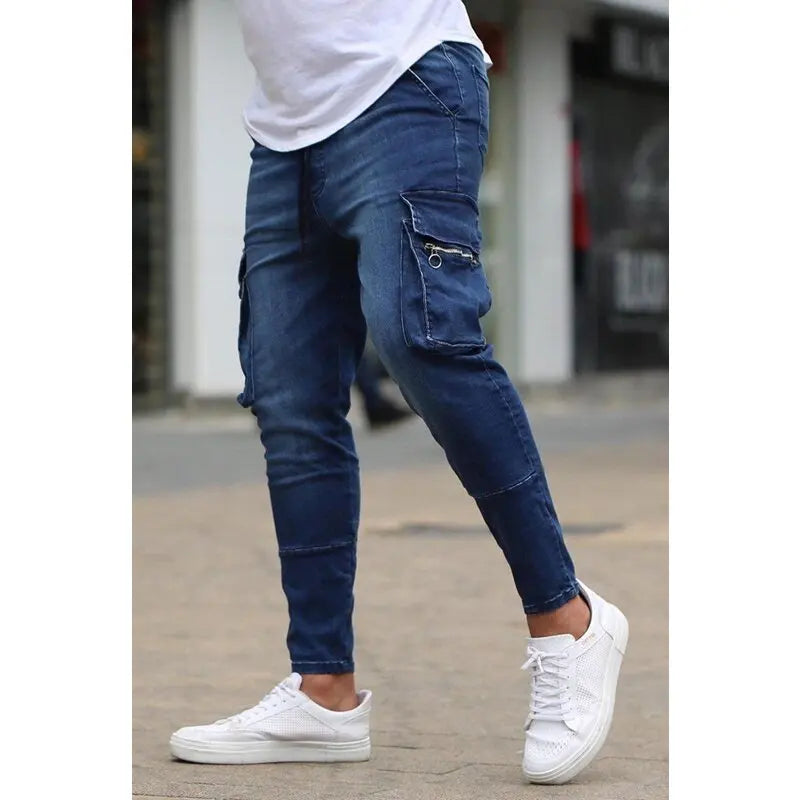 Plus Size S-3XL Men Jogger Jeans Spring Autumn Fashion Casual Pocket Cargo Slim Elastic Stretch Long Denim Pants Streetwear