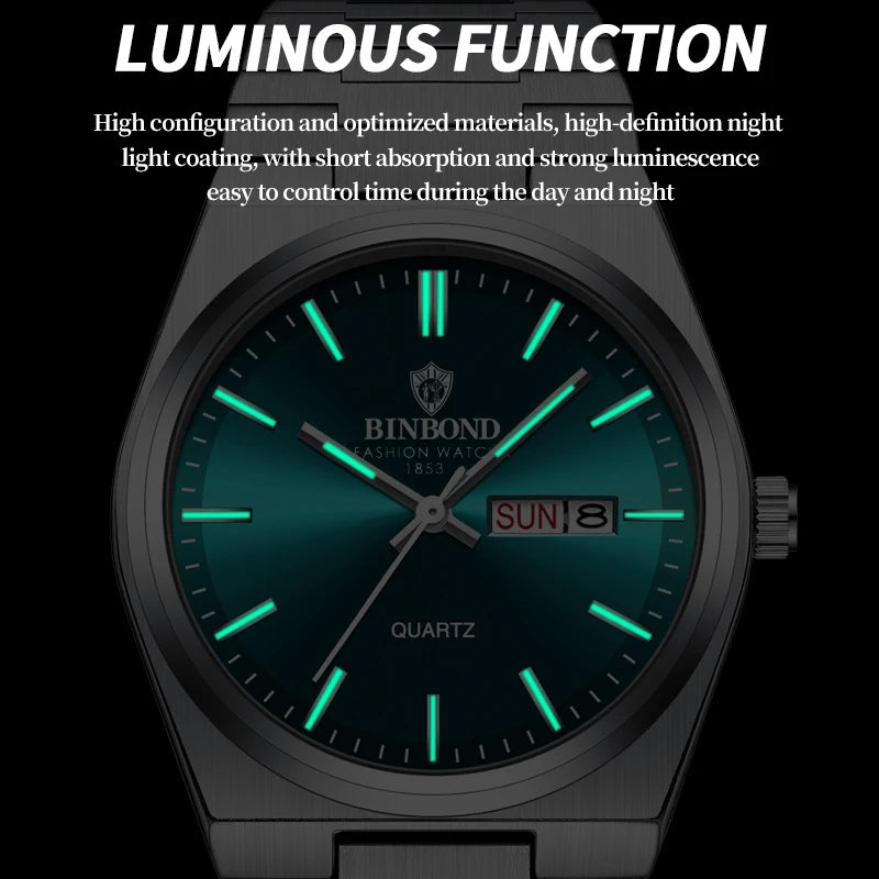 BINBOND Luxury Quartz Man Wristwatch Sport Men Watches Waterproof Luminous Date Week Stainless Steel Men's Watch Male Reloj+box