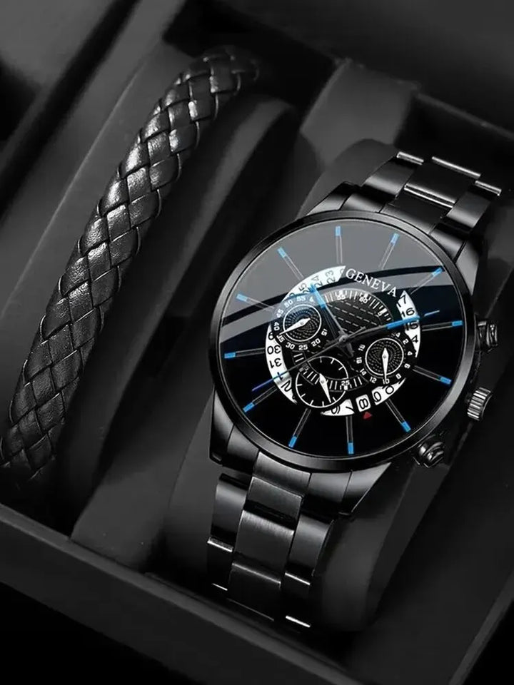 Men's Watch & Bracelet Set – Black Steel Band