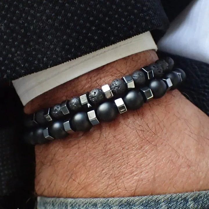 New In Frosted Black Bead Volcanic Stone Men’s Bracelet Set Double Layer Nature Stone Beaded Bracelets Gifts