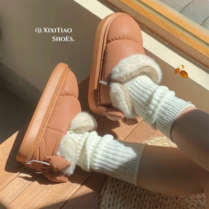 Cute Warm Ankle Boots Winter Women's Bow Warmth Plush Bow Cotton Shoes 2024 New Waterproof Down Cloth Short Barrel Snow Boots