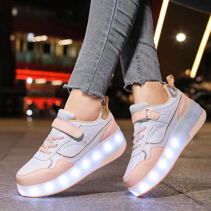 Pink Fashion Girls Boys LED Light Roller Skate Shoes for Children Kids Sneakers with Wheels Two Wheels Sneakers for Boys Kids