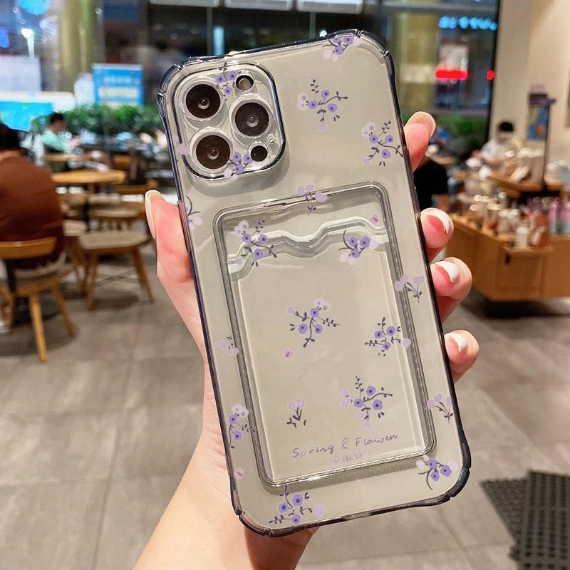 Korean Cute Flower Clear Phone Case For iPhone 16 15 14 13 12 11 Pro Max XS X 7 8 Plus SE2 Wallet Card Bag Lens Protection Cover