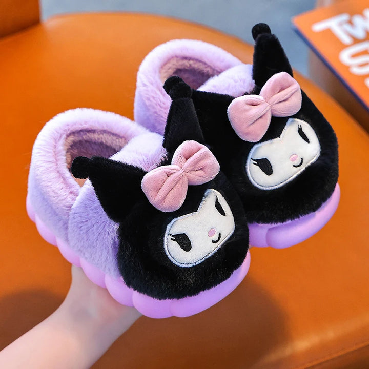 Winter Cute Cartoon Cover Heel Children's Fluffy Slippers Soft Non-slip Warm Flat Mule Boys Girls Teen Indoor Home Cotton Shoes