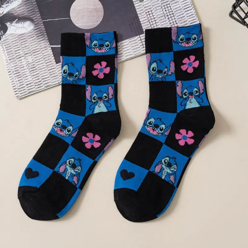 New Disney Anime Cartoon Kawaii Stitch Pure Cotton Socks Medium Length Socks Combed Cotton Birthday Gift for Girls Friends Boys