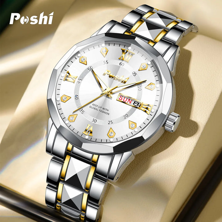 POSHI Men's Watch Date Week Fashion Watch Men Original Waterproof Non-mechanical Luminous Dual Calendar Quartz Wristwatch