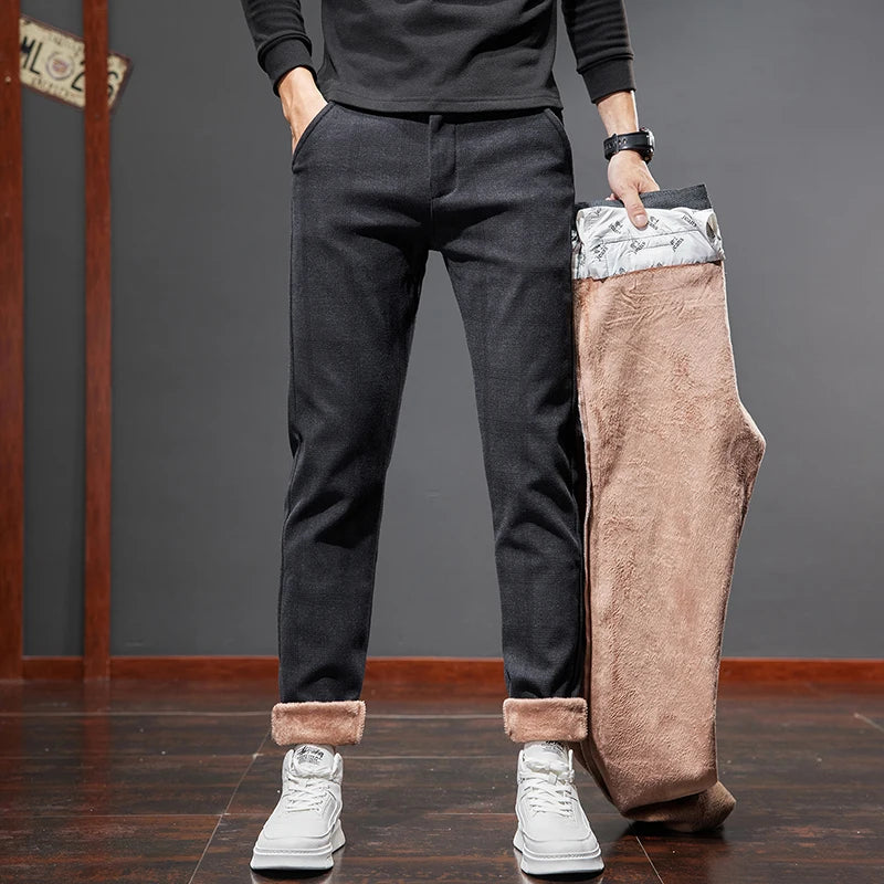 Winter New Men's Warm Casual Pants Business Fashion Fleece Thick Office Stretch Grey BlackTrousers Male Size 28-38