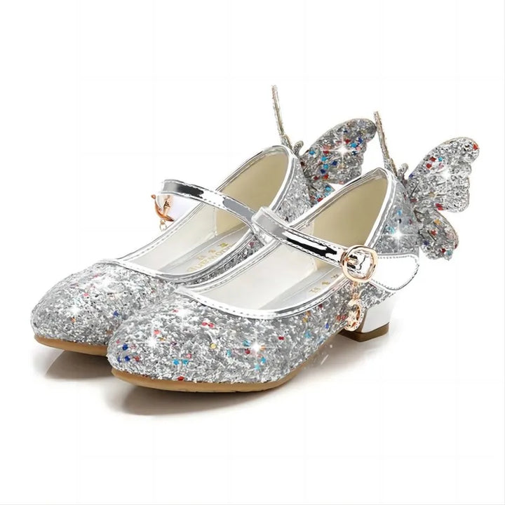 Princess Butterfly Leather Shoes Kids Diamond Bowknot High Heel Children Girl Dance Glitter Shoes Fashion Girls Party Dance Shoe