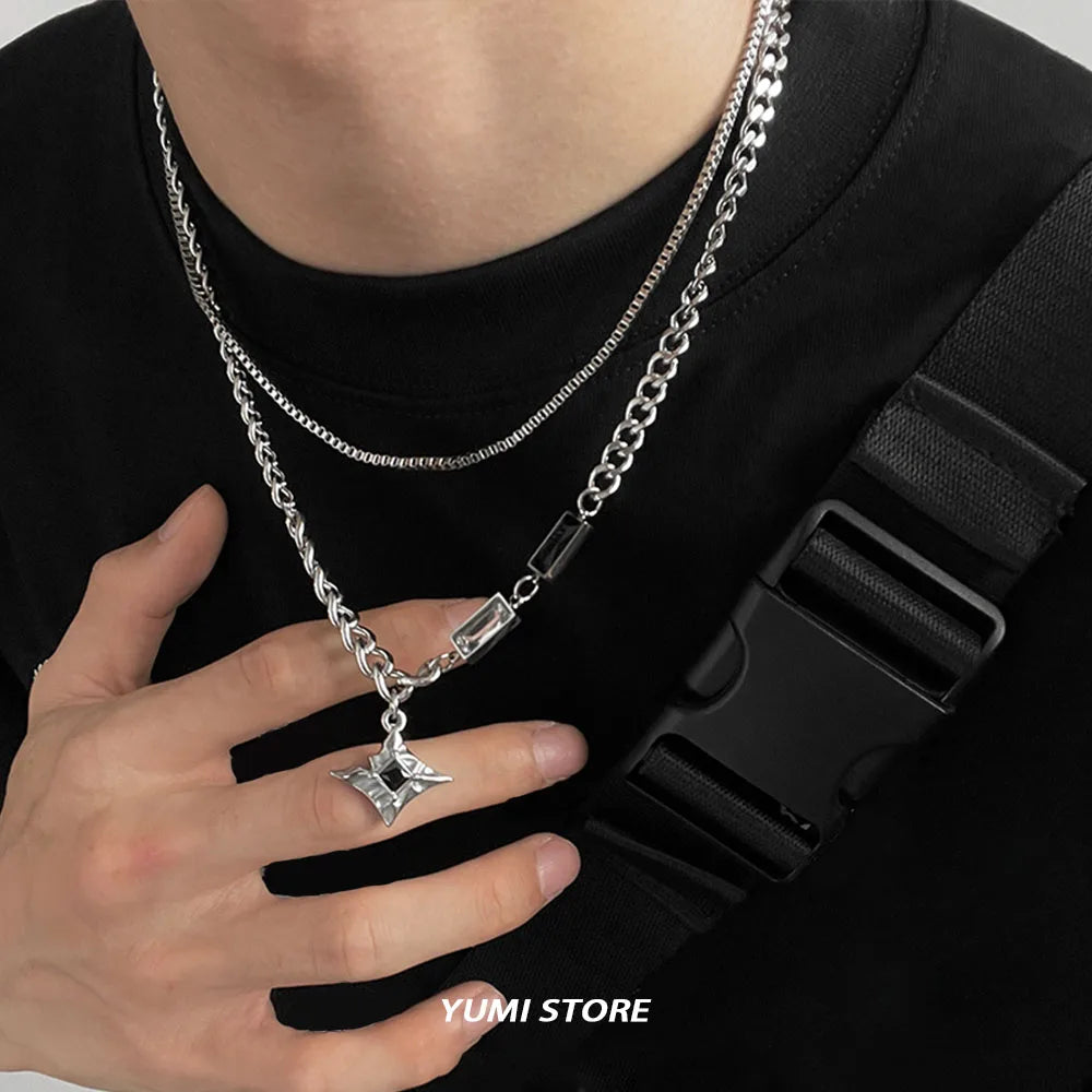 Hip Hop Zircon Star Double Layer Necklace For Men Women Trend Charm Titanium Steel Pendant Chain Unisex Jewelry Wholesale