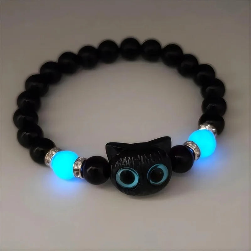 Cute Cartoon Big Eye Cat Luminous Bracelets For Women Men Animal Black White Kitten Beaded Bangles Friendship Couple Jewelry