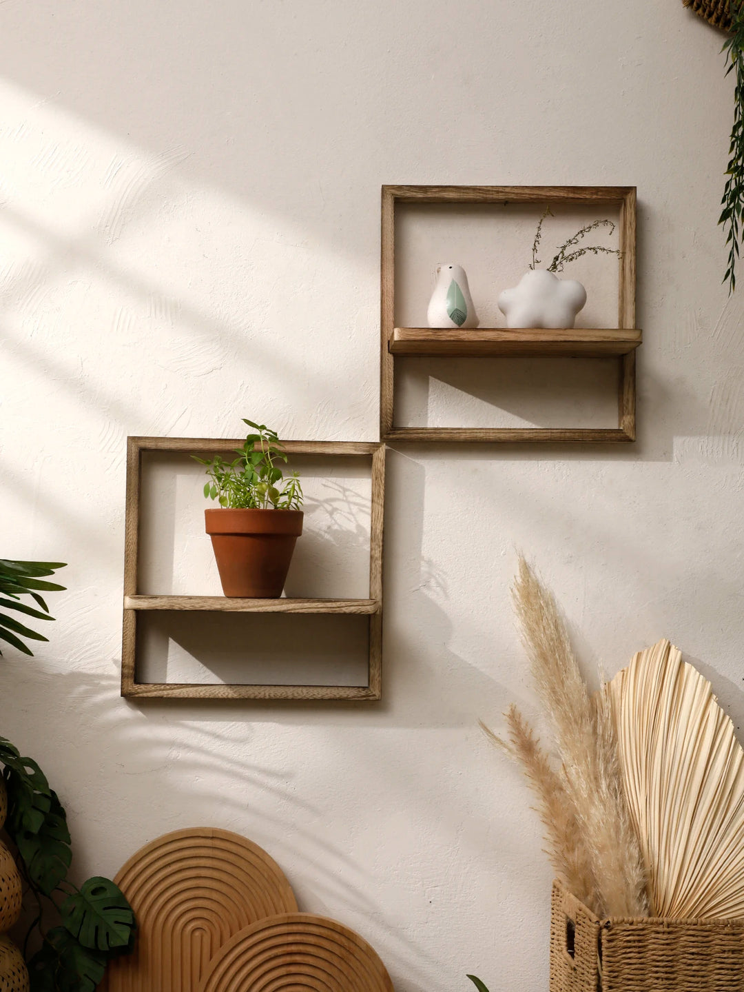 Black Wooden Floating Wall Shelf – Boho Decor Display Stand