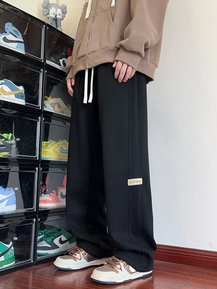 Autumn Retro Side Stripe Appliques Pants For Men Y2K Streetwear Casual Baggy Trousers Gym Drawstring Straight Wide Leg Sweatpant