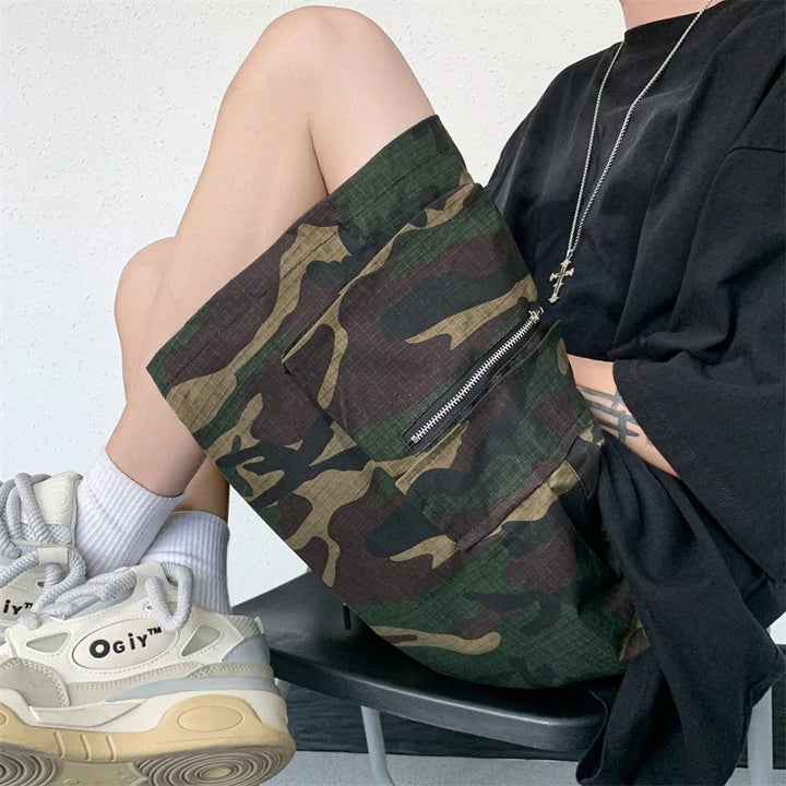 Camouflage Cargo Shorts Men Retro Pocket-design American Style Basic Baggy Simple All-match Fashion High Street Trousers Males