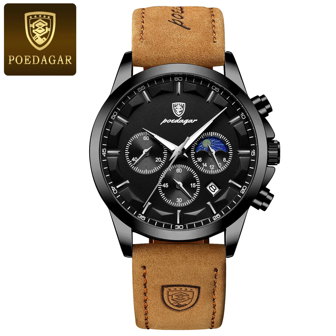 POEDAGAR Men Quartz Watch Luxury Sports Waterproof Chronograph Luminous Date Man Wristwatch Business Leather Men's Watches Clock