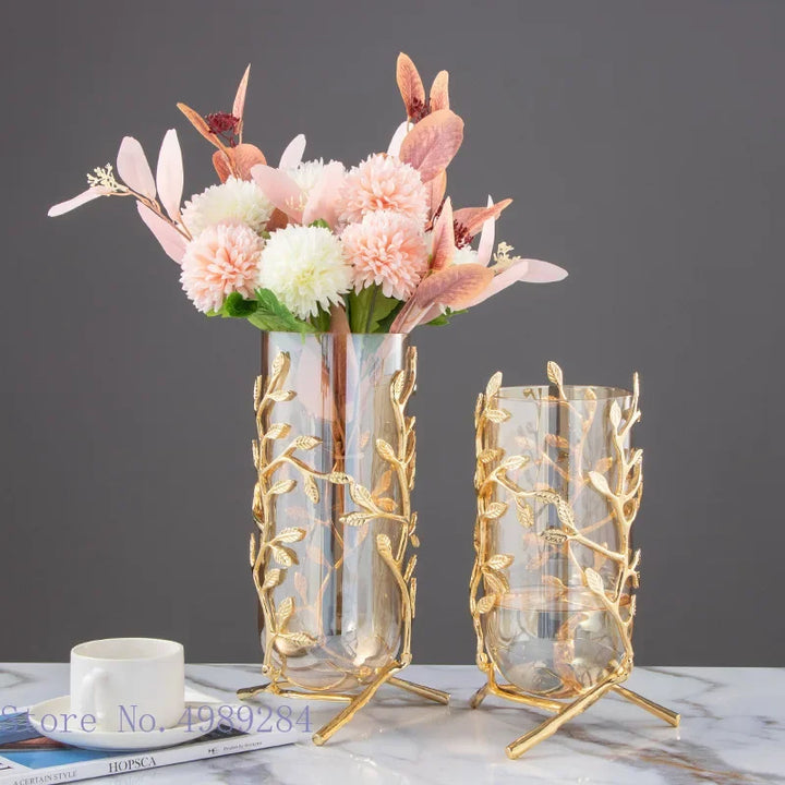 Glass Metal Vase with Gold Frame – Elegant Hydroponic Decor