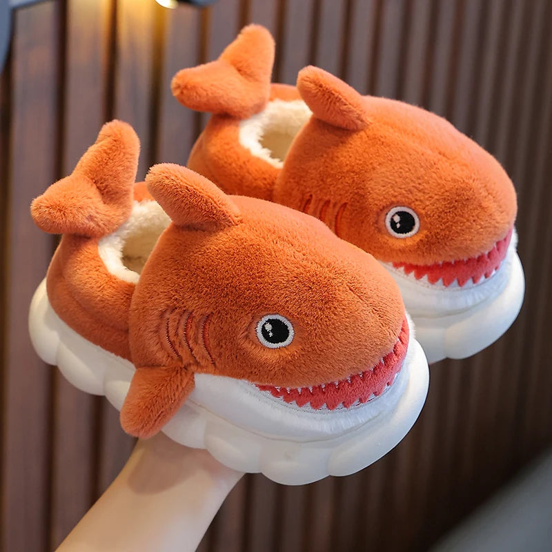 New Winter Wrap Heels Cute Cartoon Shark Cotton Slippers Children's Non-slip Soft For Kids Girls Boys Baby Warm Plush Home Shoes