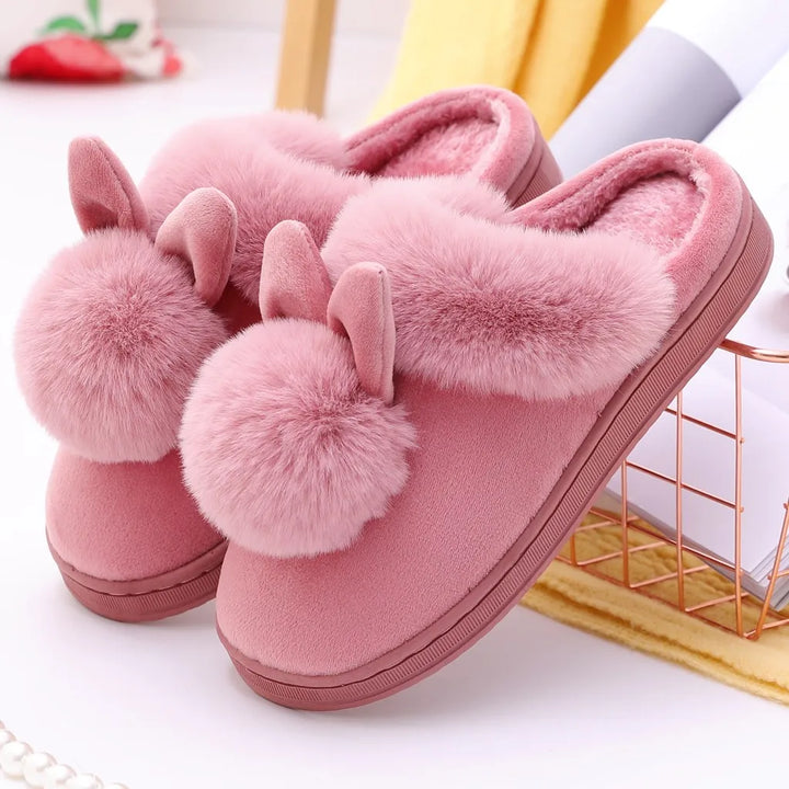 Women'S Winter Plush Rabbit Ear Indoor Cotton Mop Thick Soft Sole Slides Men Women Indoor Floor Flat Home Non-Slip Shoes