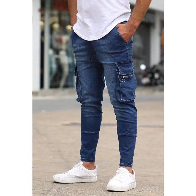 Plus Size S-3XL Men Jogger Jeans Spring Autumn Fashion Casual Pocket Cargo Slim Elastic Stretch Long Denim Pants Streetwear