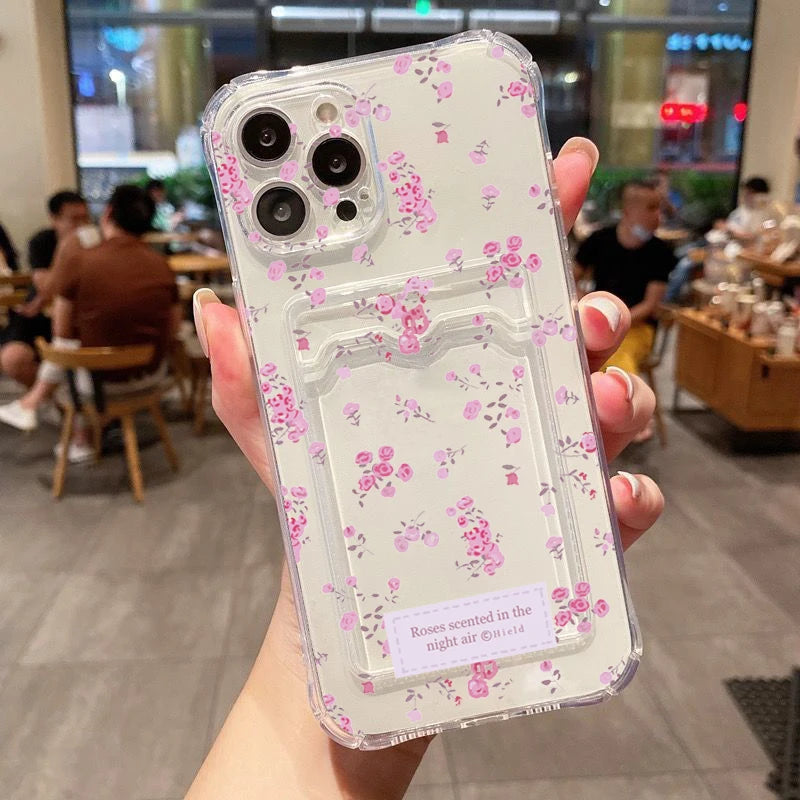 Korean Cute Flower Clear Phone Case For iPhone 16 15 14 13 12 11 Pro Max XS X 7 8 Plus SE2 Wallet Card Bag Lens Protection Cover