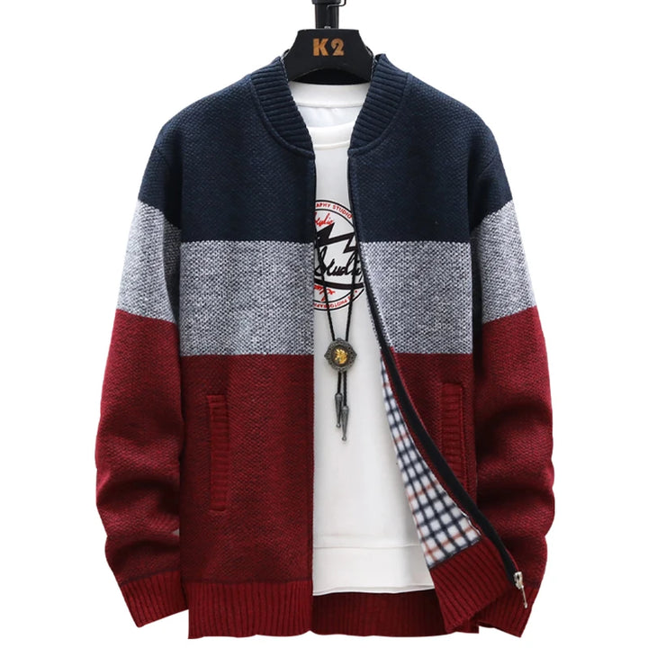 Autumn Winter Cardigan Sweater Men Fleece Zipper Sweaters Velvet Contrast Striped Sweater Coats Casual Jackets