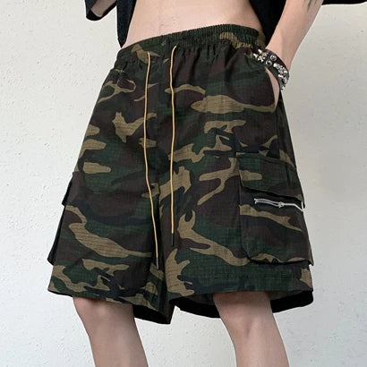 Camouflage Cargo Shorts Men Retro Pocket-design American Style Basic Baggy Simple All-match Fashion High Street Trousers Males