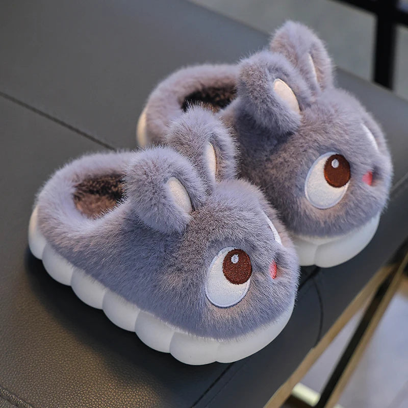 New Winter Cute Big eyed Rabbit Children's Waterproof Warm Non-slip Fluffy Slippers For Girls Boys Kids Indoor Home Cotton Shoes