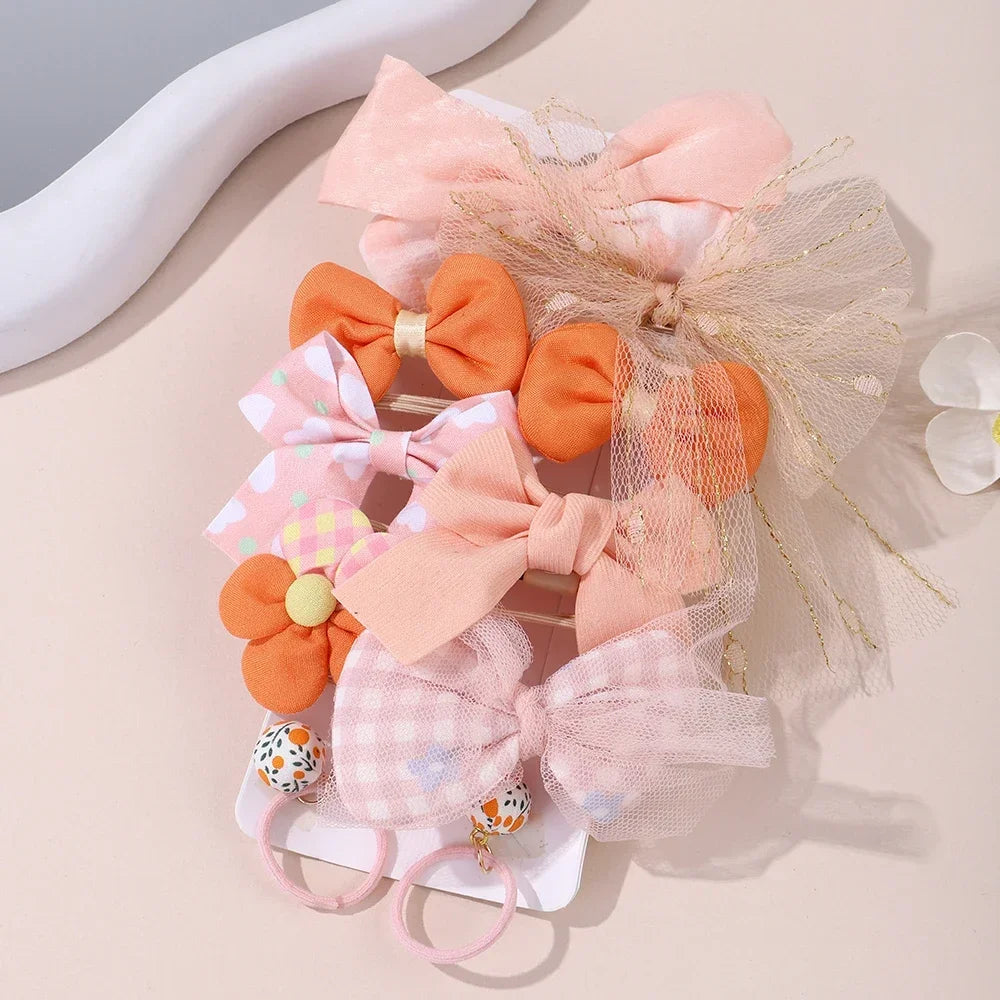 10pcs Girls Cartoon Hair Bands – Bow & Flower Ties