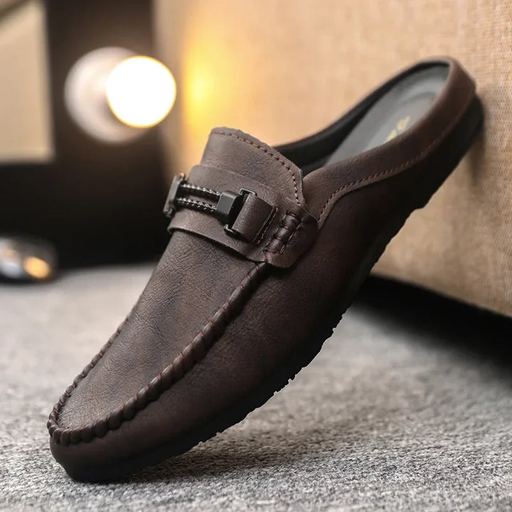 Summer Leather Men Half Slippers Breathable Mens Casual Shoes Slip-on Lazy Driving Shoes Comfortable Walking Loafers Moccasins