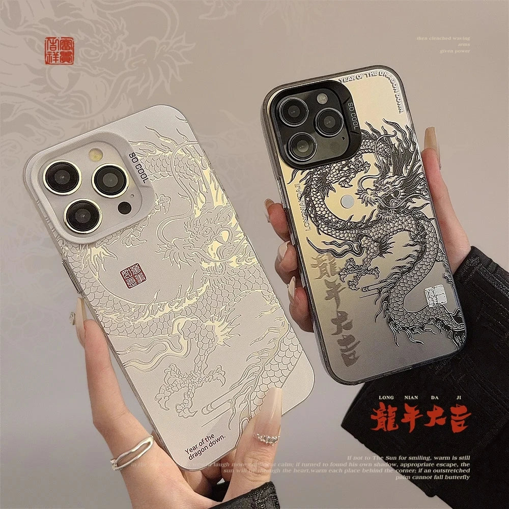 Luxury Dragon Totem Anti-drop Armour Phone Case For iPhone 15 14 Pro Max 13 12 11 Pro XR XS 7 8 Plus Lens protect plating Cover