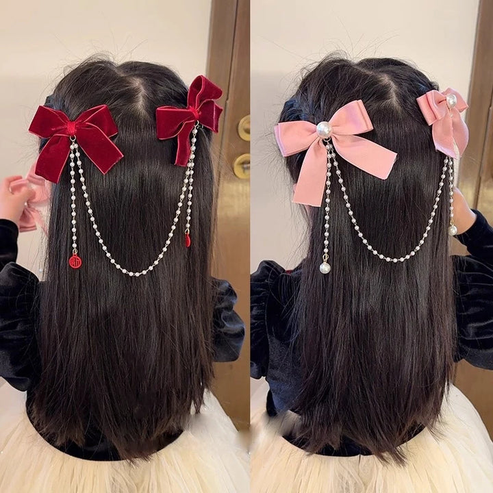 Pearl Bow Tassel Velvet Hair Claw - Elegant Princess Hairpin