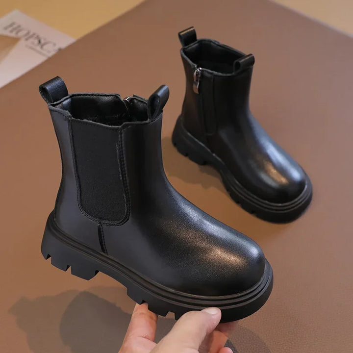 Classic Children's Black Boots Simple Thick Bottom Autumn Boots for Girls Matte PU Leather Kids Fashion Ankle Boots Round-toe