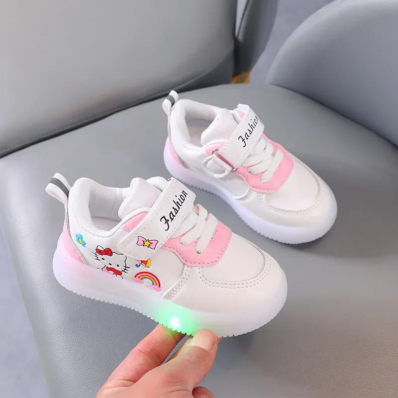 Sanrio LED Kids Shoes for Girls Cute Cartoon Hello Kitty Shoes Summer Girl Kawaii Shoes Soft Bottom Sneakers Casual Shoes