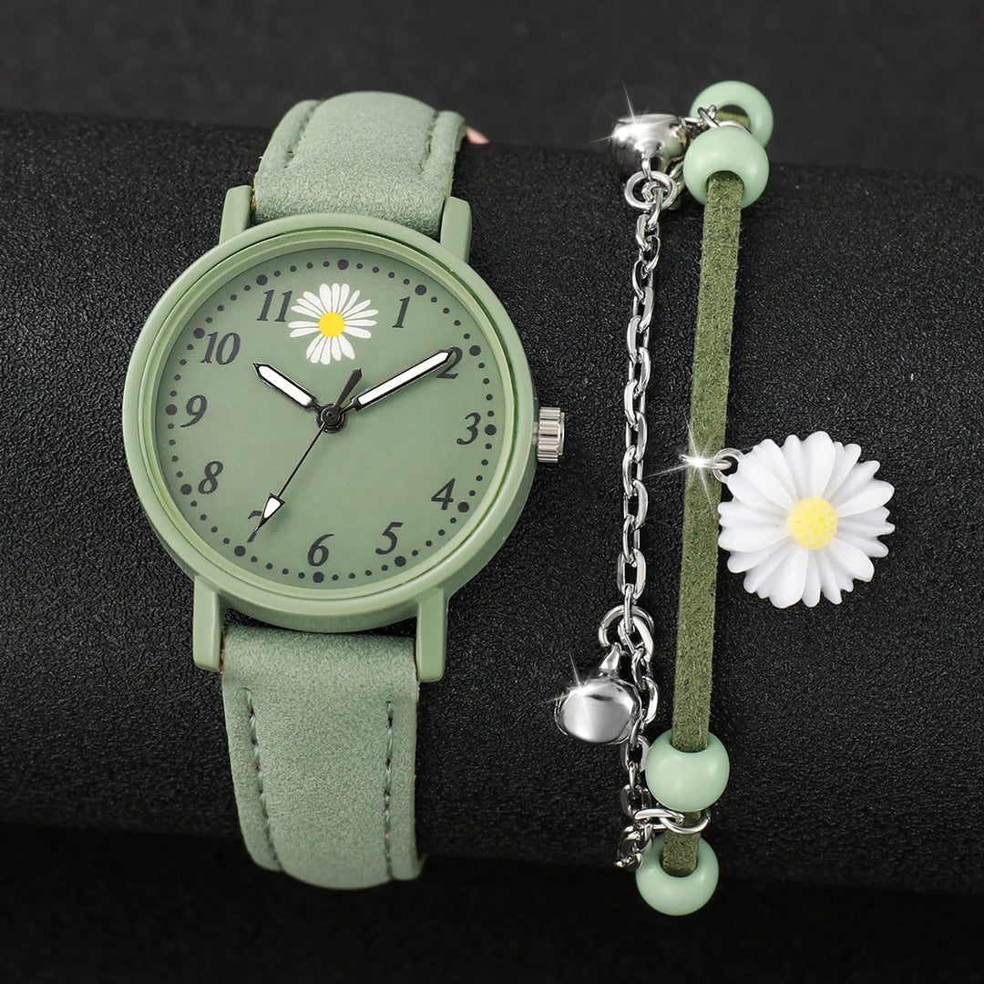 Fashion 2pcs/set Women's Daisy Dial Leather Watch&Green Flower Bracelet