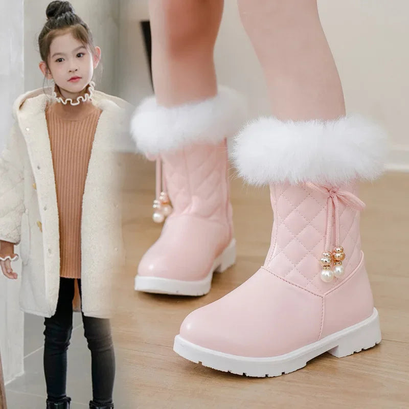 Girls Long Boots Warm Shoes for Winter Kids Princess Boots with Fur 2024 New Fashion Sweet Girls Leather Snow Boots with Bow