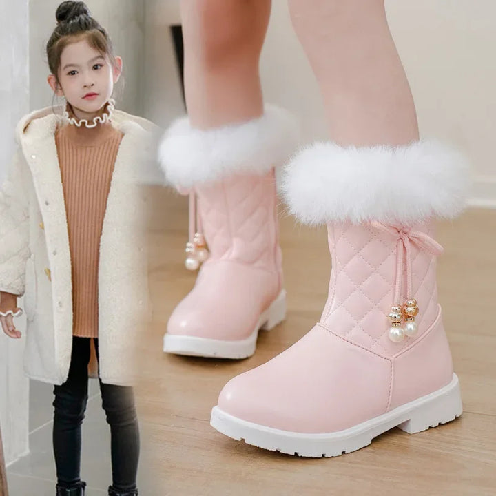 Girls Long Boots Warm Shoes for Winter Kids Princess Boots with Fur 2024 New Fashion Sweet Girls Leather Snow Boots with Bow