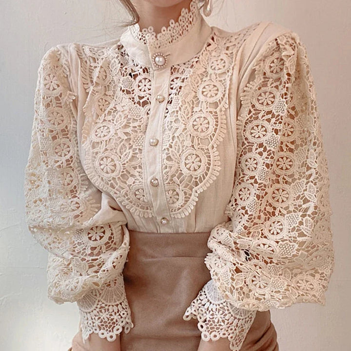 Hollow Out Lace Long Sleeve Blouse