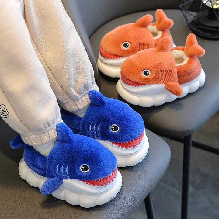 New Winter Wrap Heels Cute Cartoon Shark Cotton Slippers Children's Non-slip Soft For Kids Girls Boys Baby Warm Plush Home Shoes